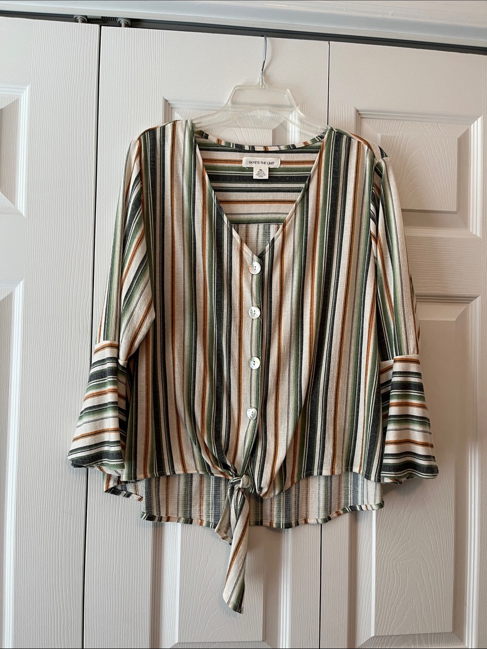 Skye's the Limit Green Striped Tie-Front Blouse with Bell Sleeves